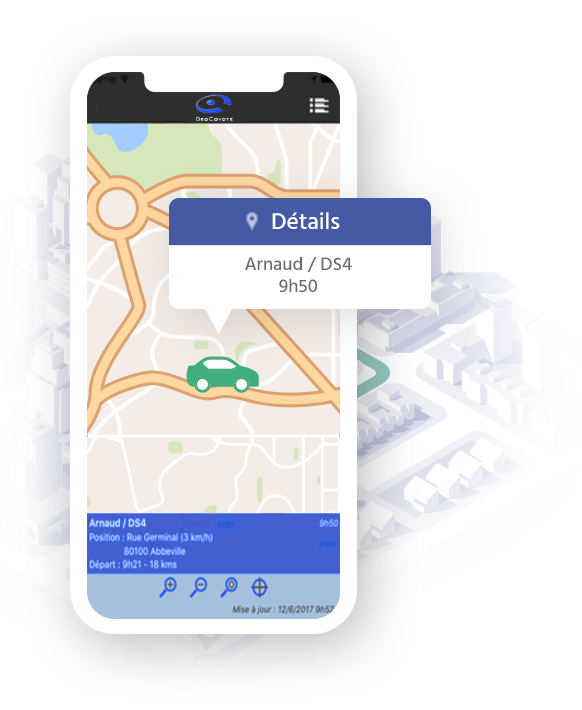 Illustration d'un smartphone avec le logiciel de suivi de flotte GeoCoyote