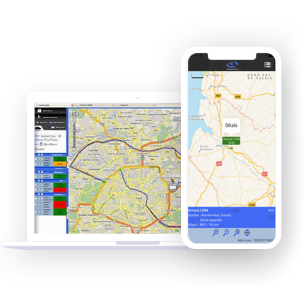 Illustration d'un smartphone et d'un ordinateur portable avec le logiciel de suivi de flotte GeoCoyote